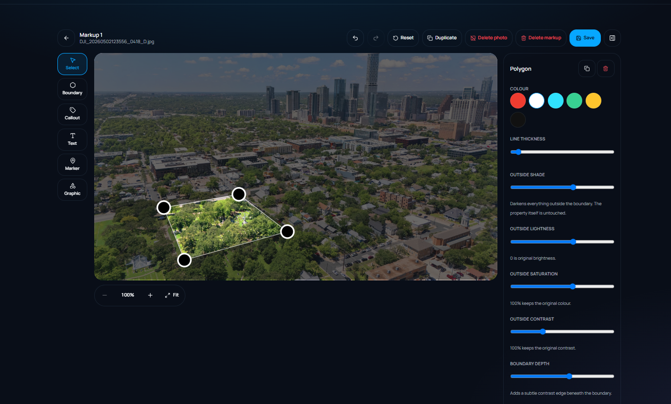 RELMX markup editor showing a property boundary on an aerial photo and editing controls
