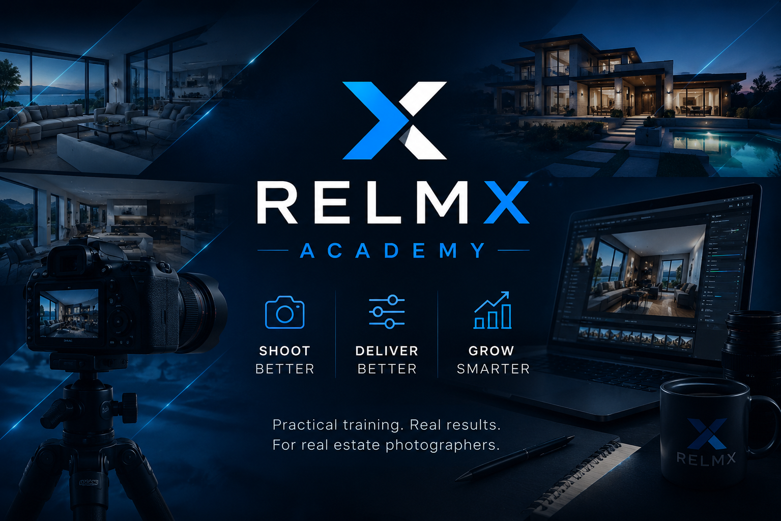 RELM Academy visual — camera, laptop and luxury real estate training collage
