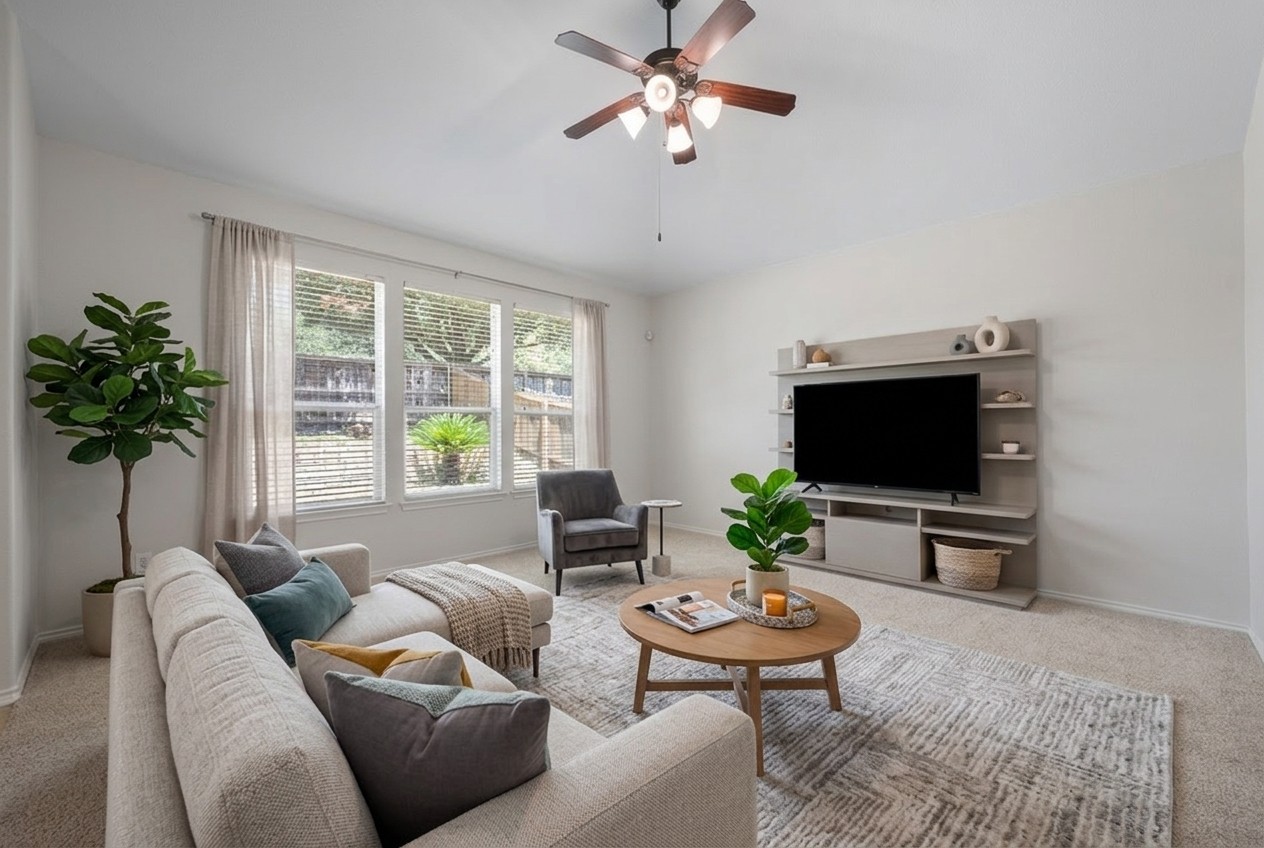 Same living room virtually staged with sofa, rug and decor