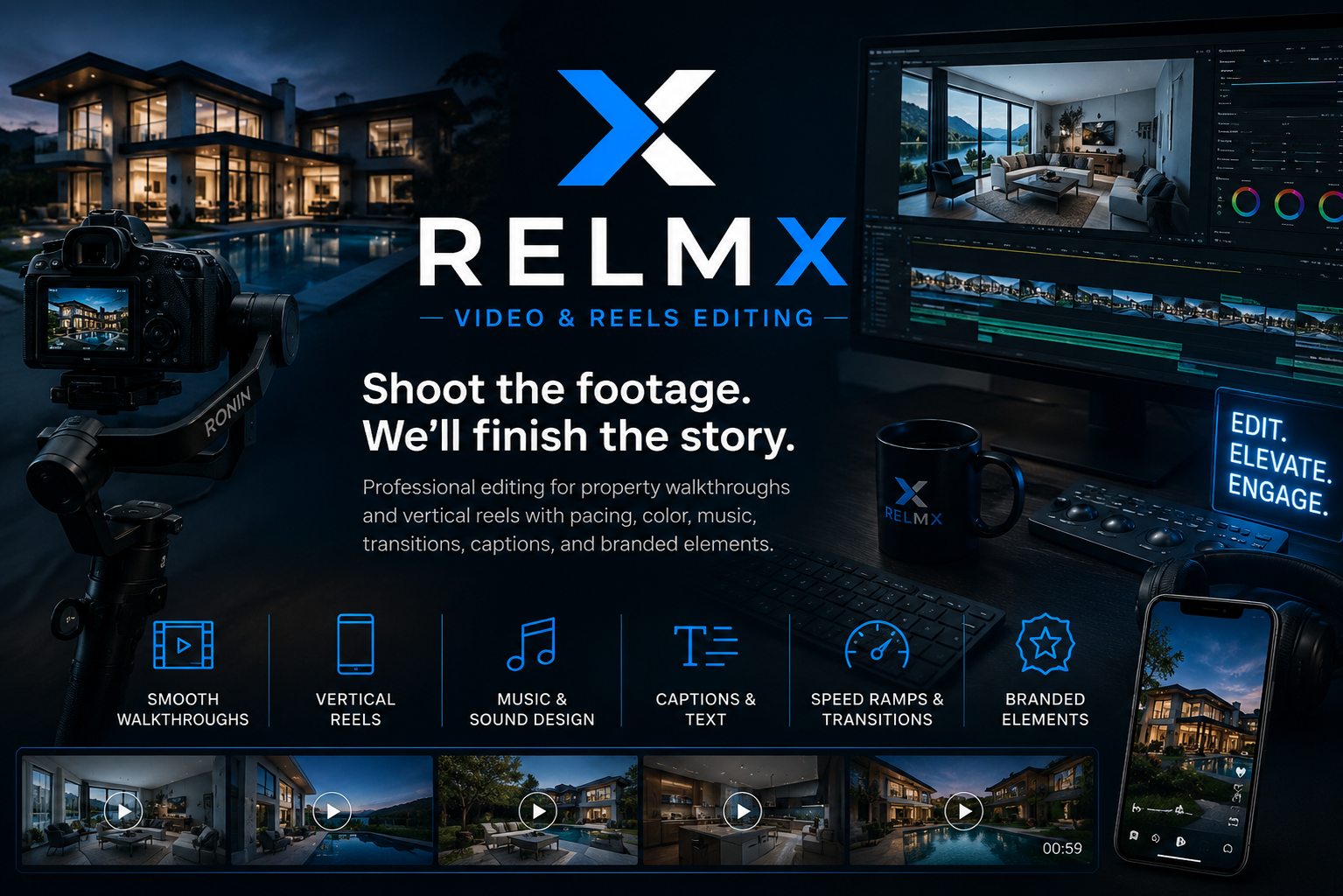 RELMX Video & Reels Editing — camera rig, editing timeline and luxury property footage